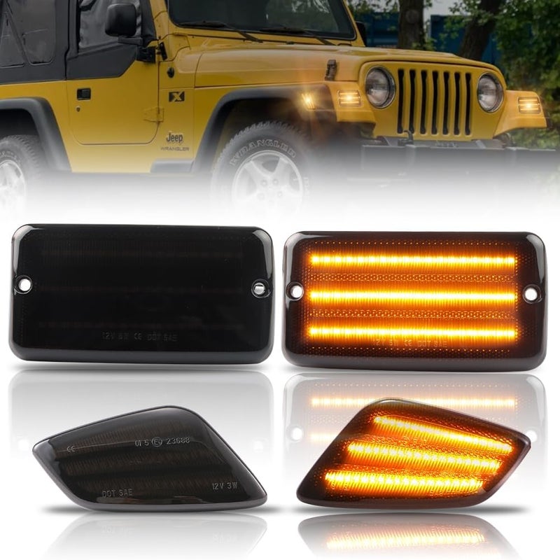 OFFKAT Front Turn Signal Lights & Side Marker Lights for 1997-2006 Wrangler TJ, Smoked Lens Side Bumper Marker Lamps, [Ultra-Bright] 3-Row Full LED Amber Parking Light DRL & Amber Turn Signal, 4 PCS - Image 1